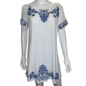 Lulus White & Blue Embroidered Short-Sleeve Dress Back Zipper Closure Size XL
